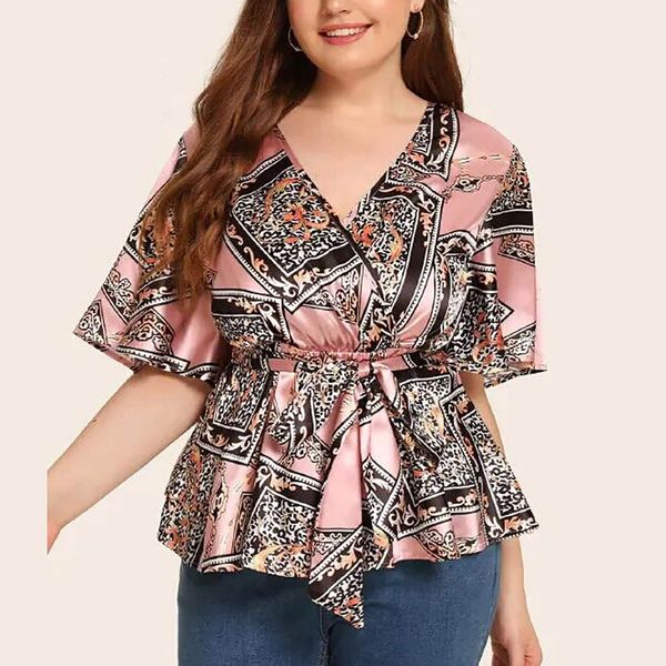 

2019 women's plus size casual v-neck short-sleeved printed waist belt blusa de frio feminina plus size#g30, White