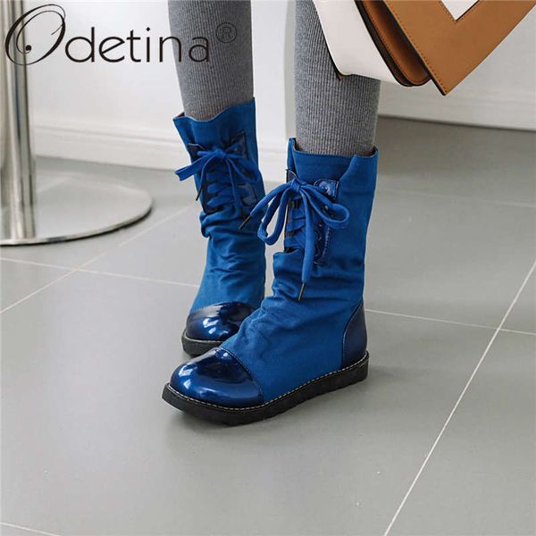 

odetina new fashion women flat platform lace up mid calf boots patchwork comfort non-slip winter boots round toe plus size 43, Black