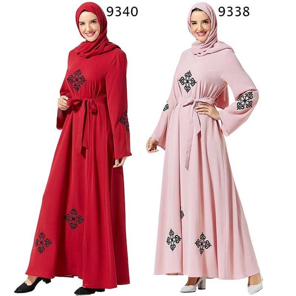 

mc209337 embroidered large swing muslim dress (no headscarf) ethnic clothes vestidos acetate musulman, Red