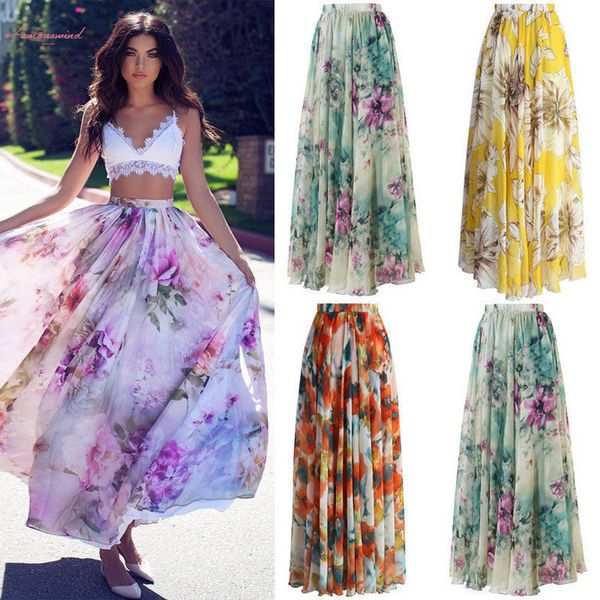 

ladies women women print chiffon skirt spring floral high waist floral evening party long maxi skirt beach skirt, Black