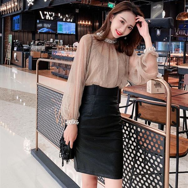 

elegant long lantern sleeve shirts pencil skirt set beading women loose beaded blouse pu leather skirt suits, White;black