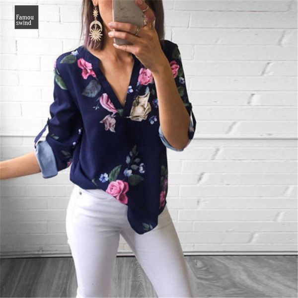 

блуза новых женщин с длинным рукавом v шеи дамы печати топы мода цветочные summer casual regular свободную рубашку, White