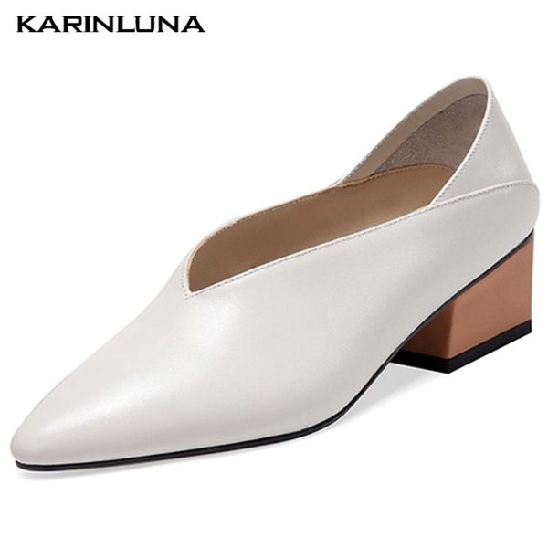 

karin new ins pointed toe chunky heels genuine leather office ladies pumps woman shoes women, Black