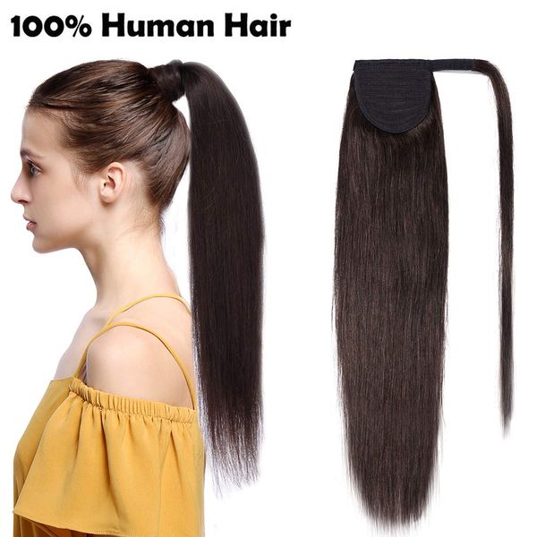 

ponytail human hair extensions dark brown 16 inch remy clip in ponytail hair piece drawstring wrap pony tails horsetail 160g ing, Black