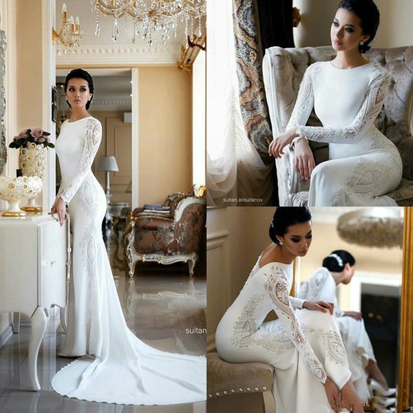 

2020 vintage mermaid wedding dresses lace applique beaded berta sweep train boho wedding dress bridal gowns plus size sleeves abiti da sposa, White