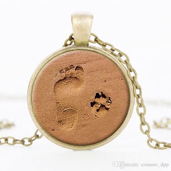 

new arrival vintage beach footprints necklaces women men floating glass circle pendant necklace person&dog footprints jewelry, Silver