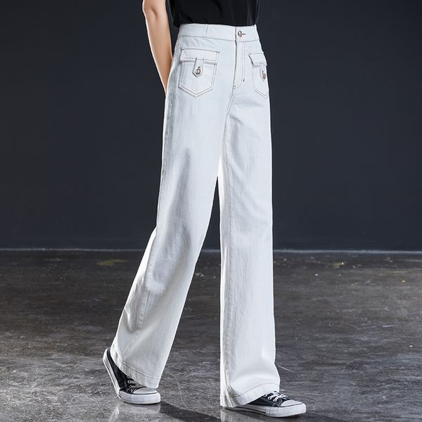 

women full white wide leg jeans high waist staight loose long pansts spring summer autumn casual trouser, Blue