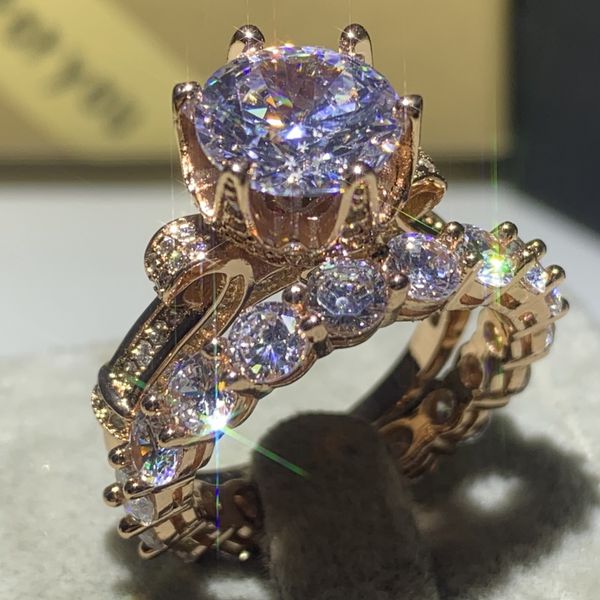 Choucong Commercio all'ingrosso di gioielli di lusso in argento sterling 925Rose Gold Fill Round Cut White Topaz Promise Anello da sposa per le donne Regalo