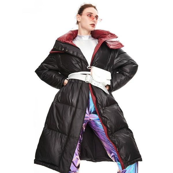 

зимняя куртка с капюшоном вниз женской модой простой квадратным свободным большого размером длиной выше колен толстого сохранить тепло вниз, Black