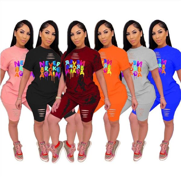 

2020 women outfits designers short sleeve tee shorts tracksuit letter print ripped holes 2 piece clothing sets sportswear s-5xl d52205ly, White