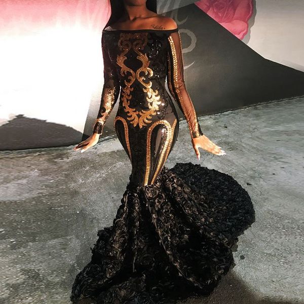 

black sequined mermaid evening dresses off the shoulder long sleeves beaded prom gowns sweep train african formal dress, Black;red