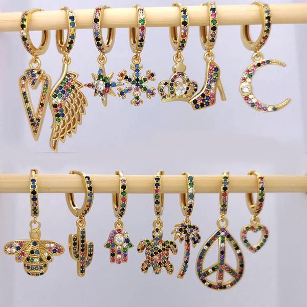 

small hoop earrings women heart bee moon cactus leaf geometric tree star horse wing cz rainbow jewelry gold color hoops 1 piece, Golden;silver