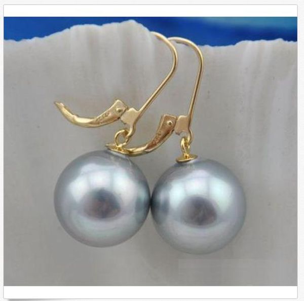 

14k gold huge perfect round 16mm south sea shell gray pearl earrings, Silver