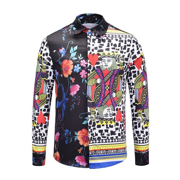 

chic card print long sleeve men's shirt european 2018 fall/winter runway 3d floral print shirts d280, White;black