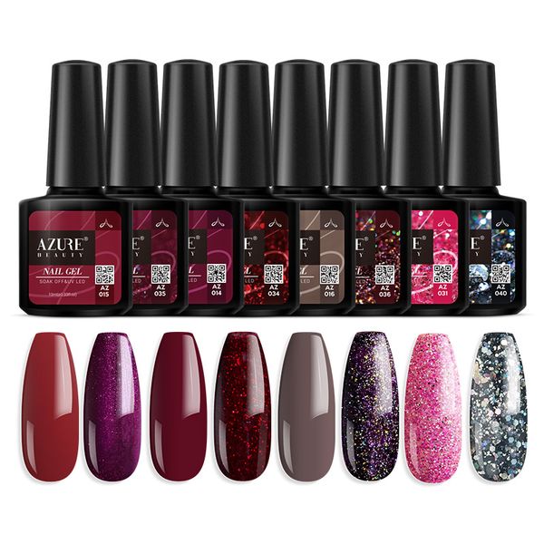 

beauty 8pcs/lot nail gel sets 10ml soak off uv/led long lasting gel lacquer nail art manicure with 8 glitter colors, Red;pink