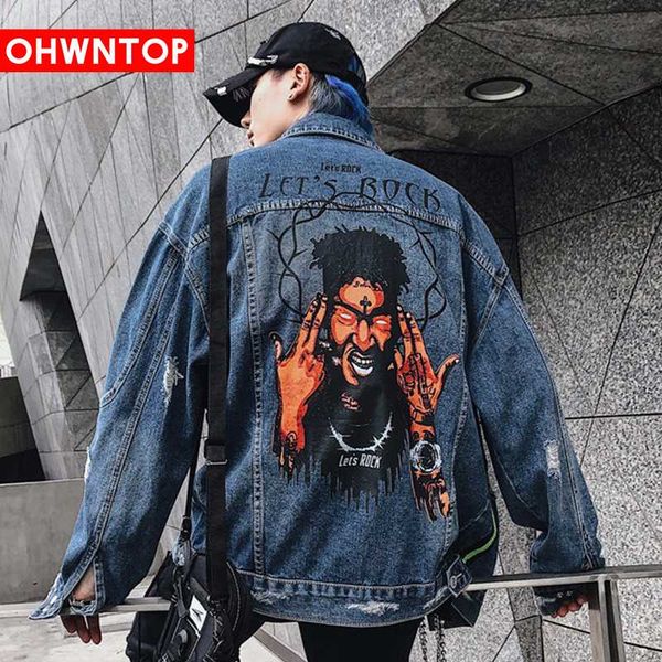 

men hole denim jacket hip hop loose bomber jacket streetwear funny spoof rap print jean punk rock coats casual clothes, Black;brown