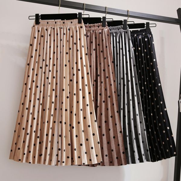 

плиссированные юбки женщины весна осень saia midi высокой талией faldas mujer moda плюс размер юп femme урожай velvet dots дамы юбка, Black