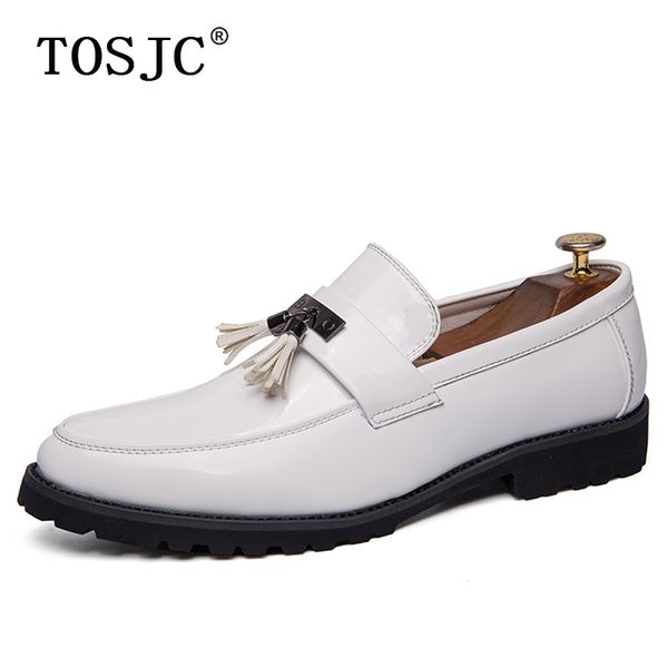 

tosjc fashion men dress tassel loafers breathable slip-on formal shoes pointed-toe oxfords man white wedding shoes, Black