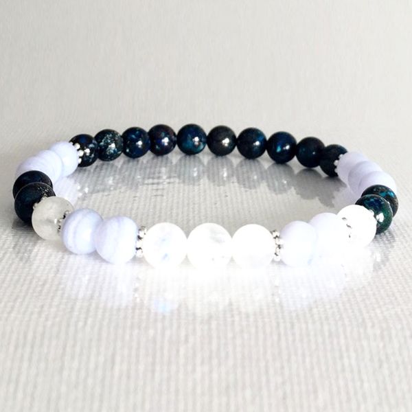 

wholesale 6mm a grade moonstone bracelet blue lace agates bracelet chrysocolla chakra healing mala, Golden;silver