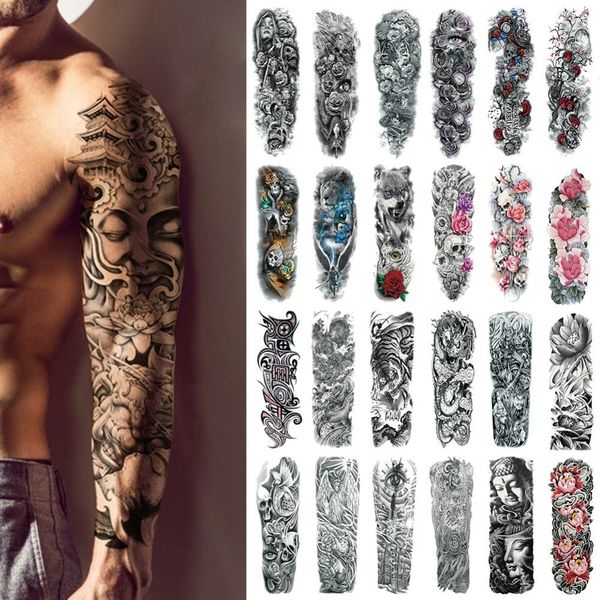 Etiqueta Do Tatuagem Temporária à prova d 'água Braço Completo Grande Crânio Old School Tatoo Adesivos Flash Tatuagens Falsas para Homens Mulheres 10 PÇS / LOTE