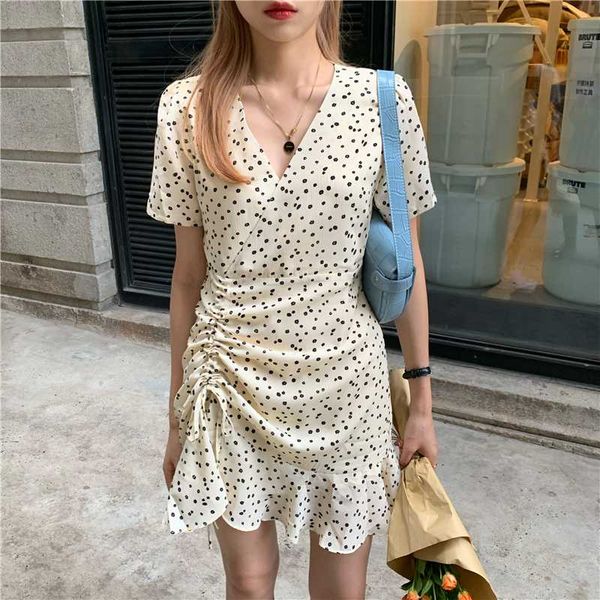 

casual dresses 2021 summer floral dress women v-neck short sleeves flower print slim mini drawstring ruffles korean chiffon vestidos, Black;gray