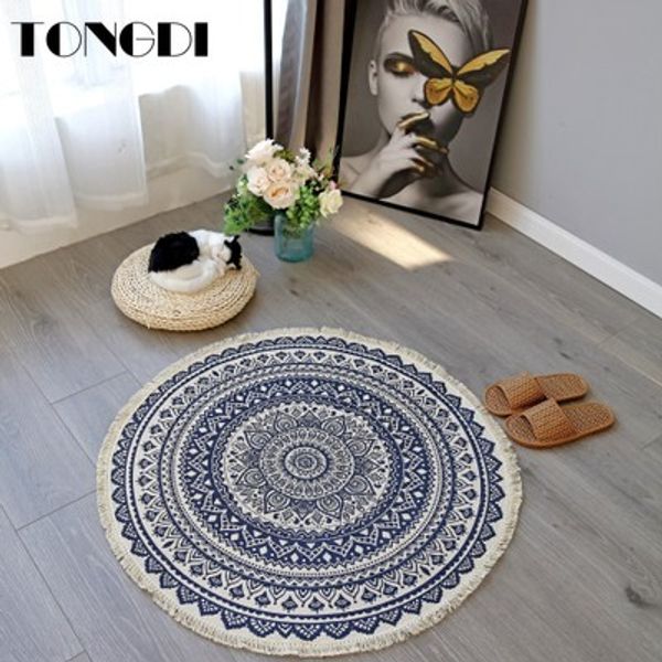 

tongdi boho round carpet mat printing soft elegant lace fringed anti-slip rug decor for home parlour living room bedroom