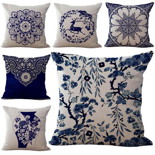 

china blue and white porcelain flower pillow case cushion cover linen cotton throw pillowcases home decor sofa drop ship 240428