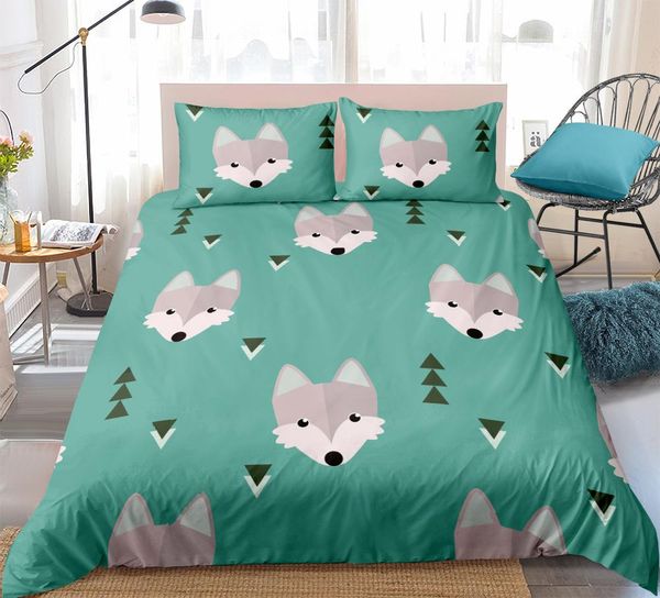 

cartoon wolf duvet cover set green bedclothes bedding set with pillowcase kids boys single bed twin home textiles