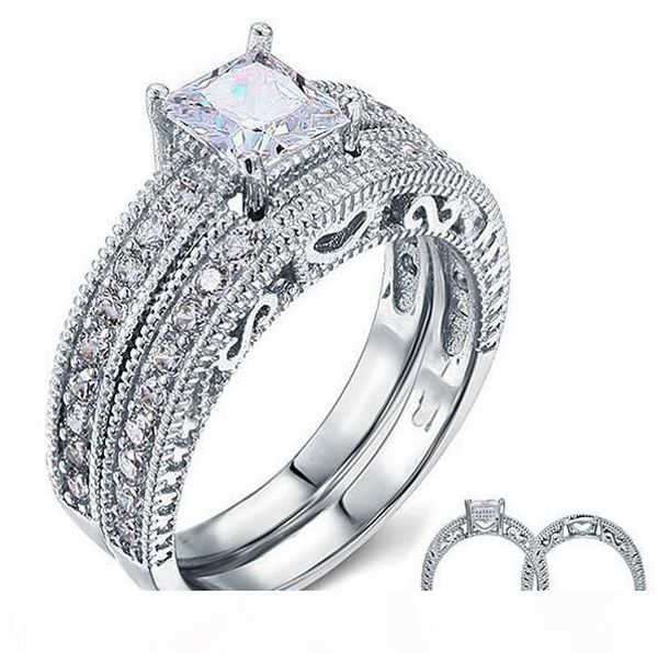 

wholesale luxury jewelry custom ring 10kt white gold filled white z princess cut simulated diamond wedding women ring set gift size 5-11, Silver