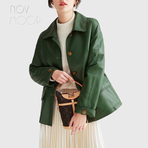 

novmoop 2019 autumn winter retro green blazer coat single breasted sheepskin genuine leather jacket women chaqueta mujer lt2793, Black