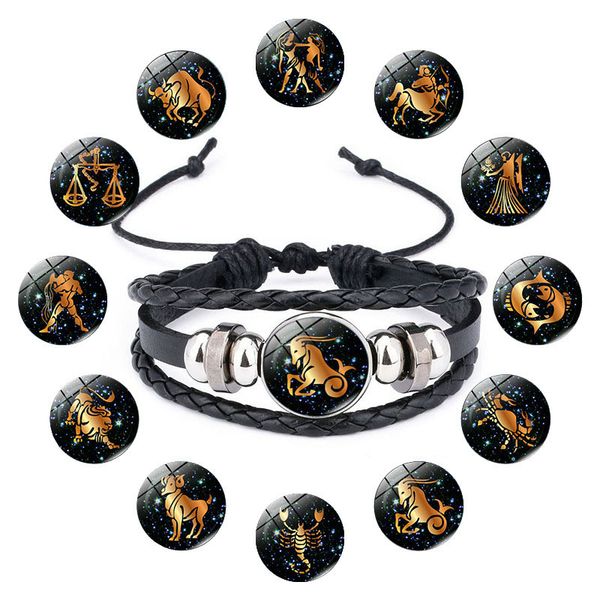 

12 Zodiac Sign snap buttons Leather Bracelets 18mm Ginger horoscope charm Adjustable Bangle For Women Men Fashion Noosa Jewelry in bulk