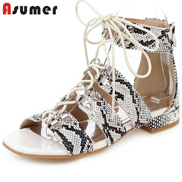 

asumer 2020 plus size 33-48 women gladiator sandals cross tied snake summer comfortable casual shoes fashion flat sandals, Black