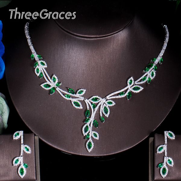 

threegraces new design cubic zirconia wedding leaf drop necklace earrings bridal costume jewelry sets accessories js181, Silver