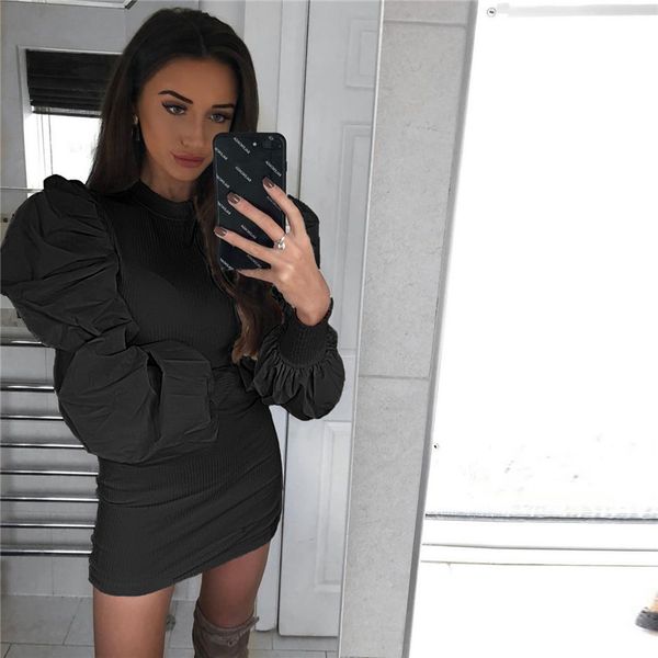 

puff sleeve elegant mini dress women autumn black white bodycon dresses ladies casual vintage dress autumn office, Black;gray