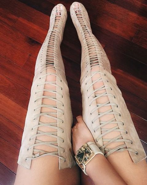 

western red summer leather boots woman open toe lace up cross tied sandals thigh high heel overknee botas feminina shoes, Black