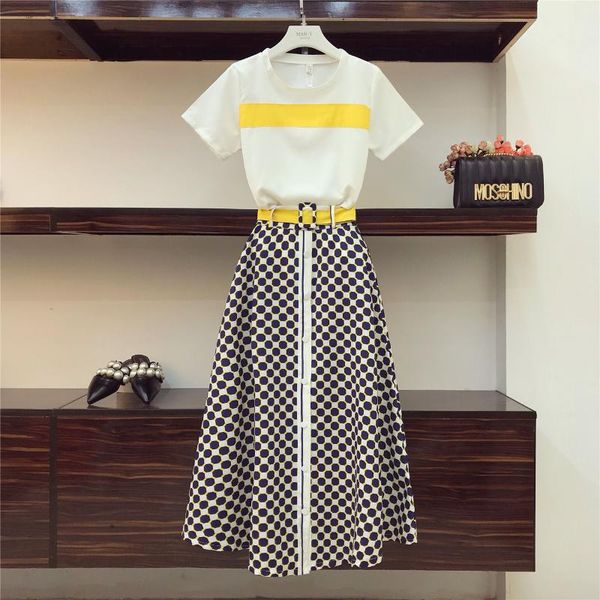 

2018 новая летняя мода женские наборы цвет блока o шеи с коротким рукавом футболки + геометрические узоры ультра длинная юбка женские костюм, White