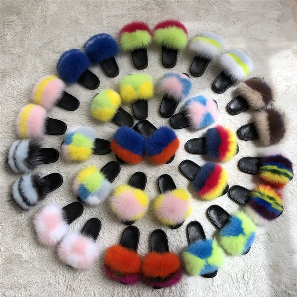 

2019 fashion women fur slides slippers /outdoor soft fur flip flop furry sandals custom wholesale real slippers women, Black