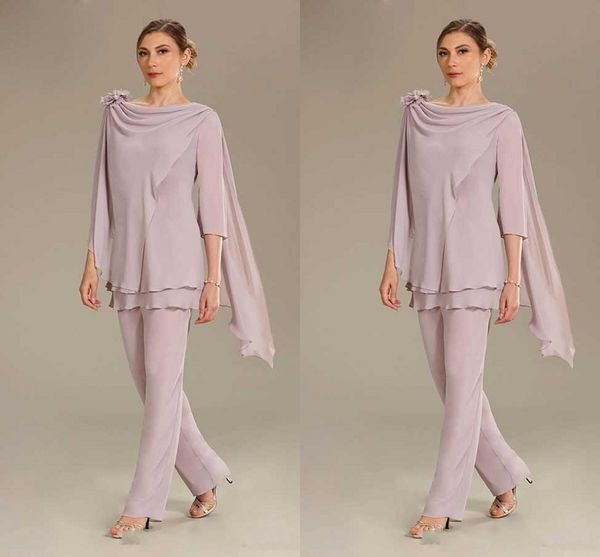 

2020 chiffon pant suits mother of the bride pleated hand made flowers layers long sleeve elegant formal evening dress party gowns, Black;red