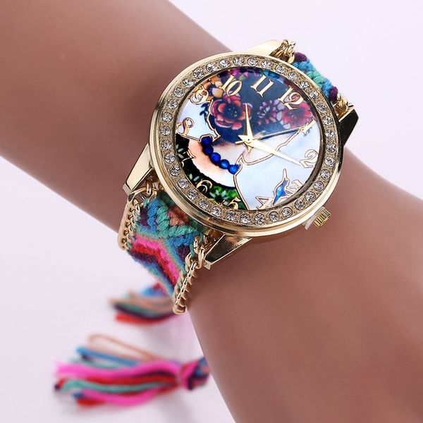 

22 models watches geneva handmade weave wrap bracelet watches women dress colorful quartz casual hand-woven wristwatch perfect gift, Slivery;brown
