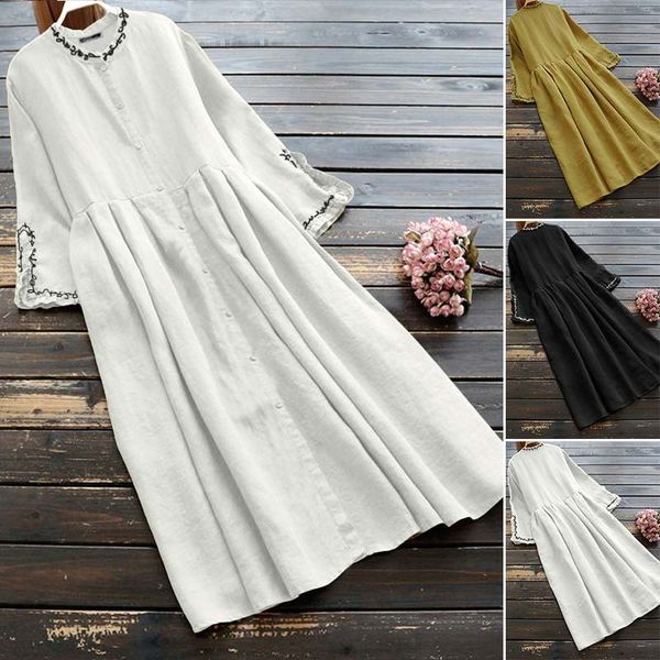 

женщины вышивки рубашки платья zanzea 2020 кафтан повседневный sundress flare sleeve midi vestidos женский хлопок robe плюс размер 5xl, Black;gray