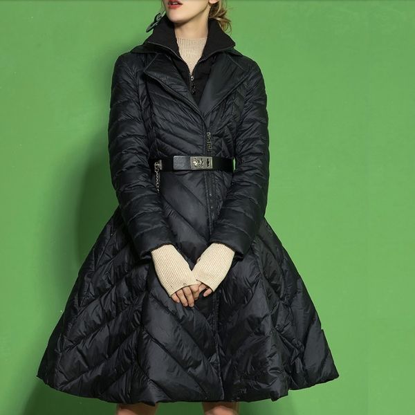 

2019 winter women's down jacket skirt coat french fashion fake two piece ladies duck outerwear big size, Black