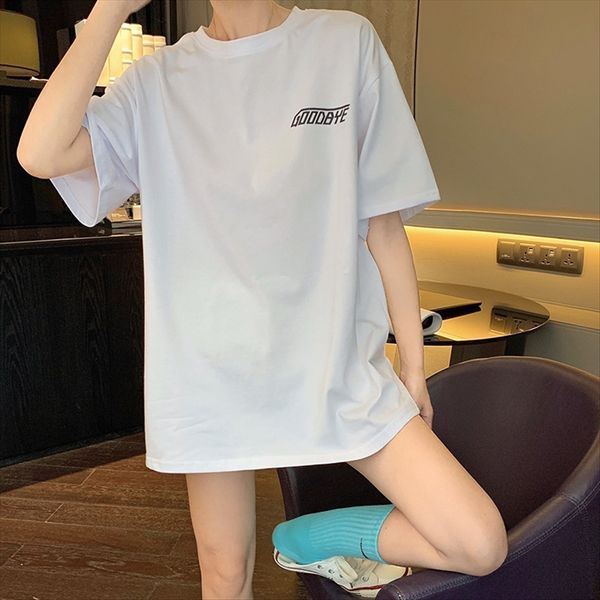 

with enjun] a267 letter printing t-shirt loose bf long short sleeve white t-shirt student top