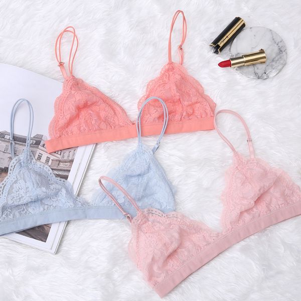

floral lace bralette wireladies underwear triangle cups comfortable unlined brassiere back closure push up translucent bra, Red;black