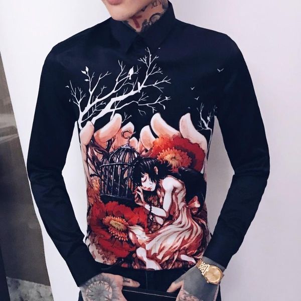 

luxury night club tuxedo fashion dress camisa hombre casual slim fit shirt men streetwear print flower shirt men camisas hombre, White;black