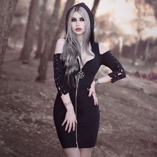 

new fashion dress women gothic style punk black retro long sleeve off shoulder dress femme clothes vestidos, Black;gray