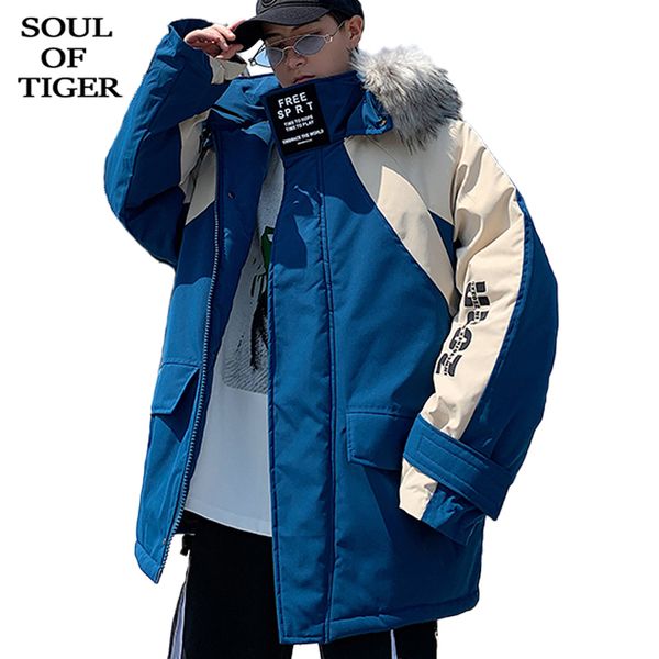 

soul of tiger 2019 korean fashion men vintage patchwork parkas male loose hooded jackets casual oversized padded coats plus size, Black