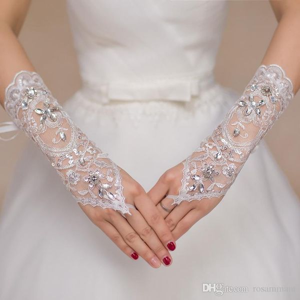 

luxury short lace bride bridal gloves wedding gloves crystals wedding accessories lace gloves for brides fingerless below elbow length, White