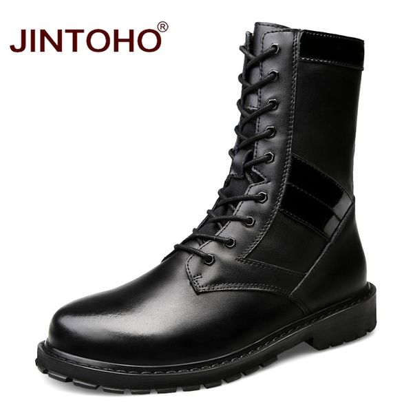 

jintoho big size men genuine leather shoes winter men boots mid-calf motorcycle boots leather male snow winter shoes, Black