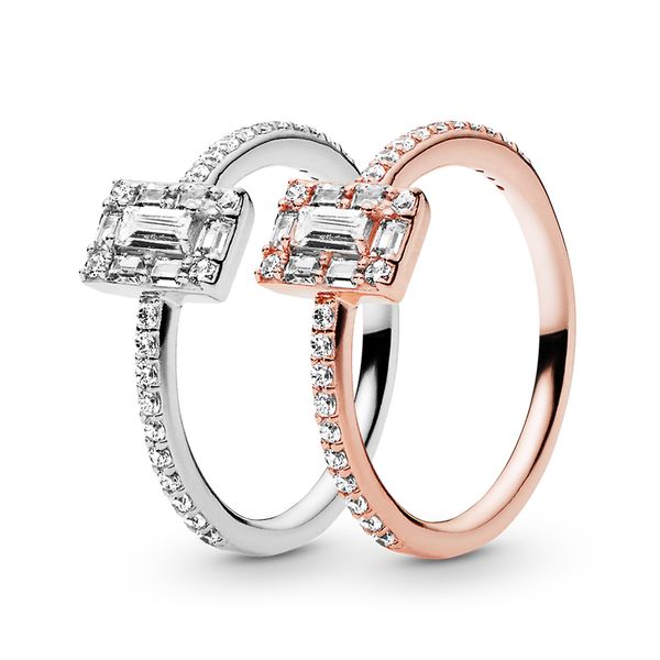 

s925 sterling silver sparkling square halo wedding ring luxury designer jewelry women cz diamond engagement rose rings with pandora gift box, Slivery;golden