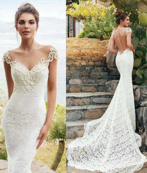 

ivory mermaid lace backless wedding dresses sheer bateau neck beaded bridal gowns sweep train trumpet plus size robe de mariÃ©e, White